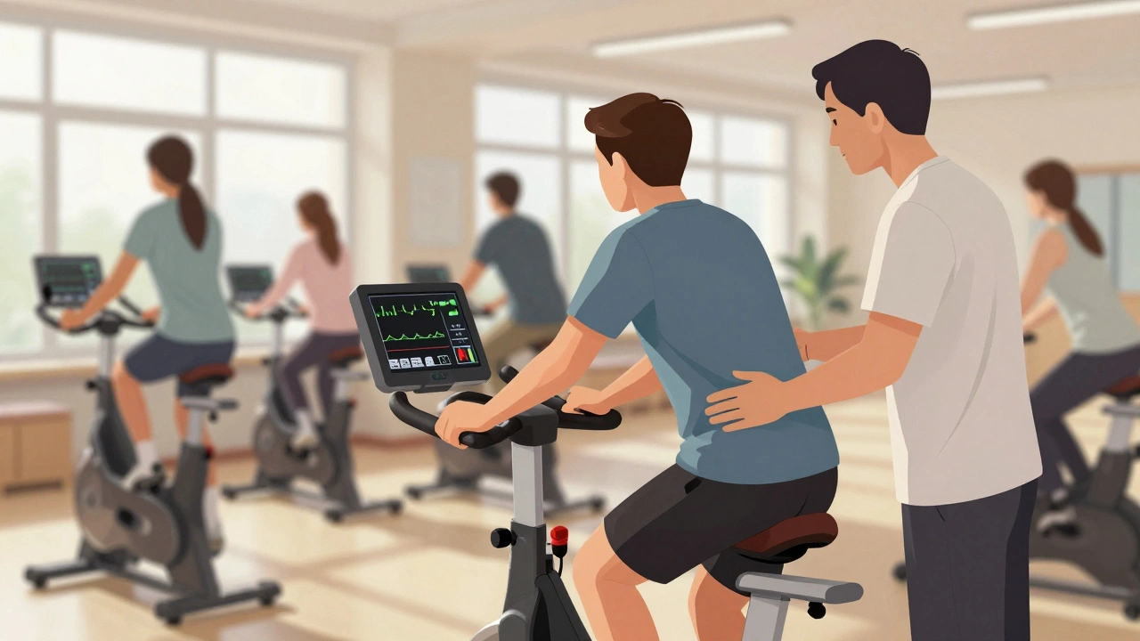 A patient gently cycling during cardiac rehab, supervised by a therapist, with sunlight and calm energy in the background.
