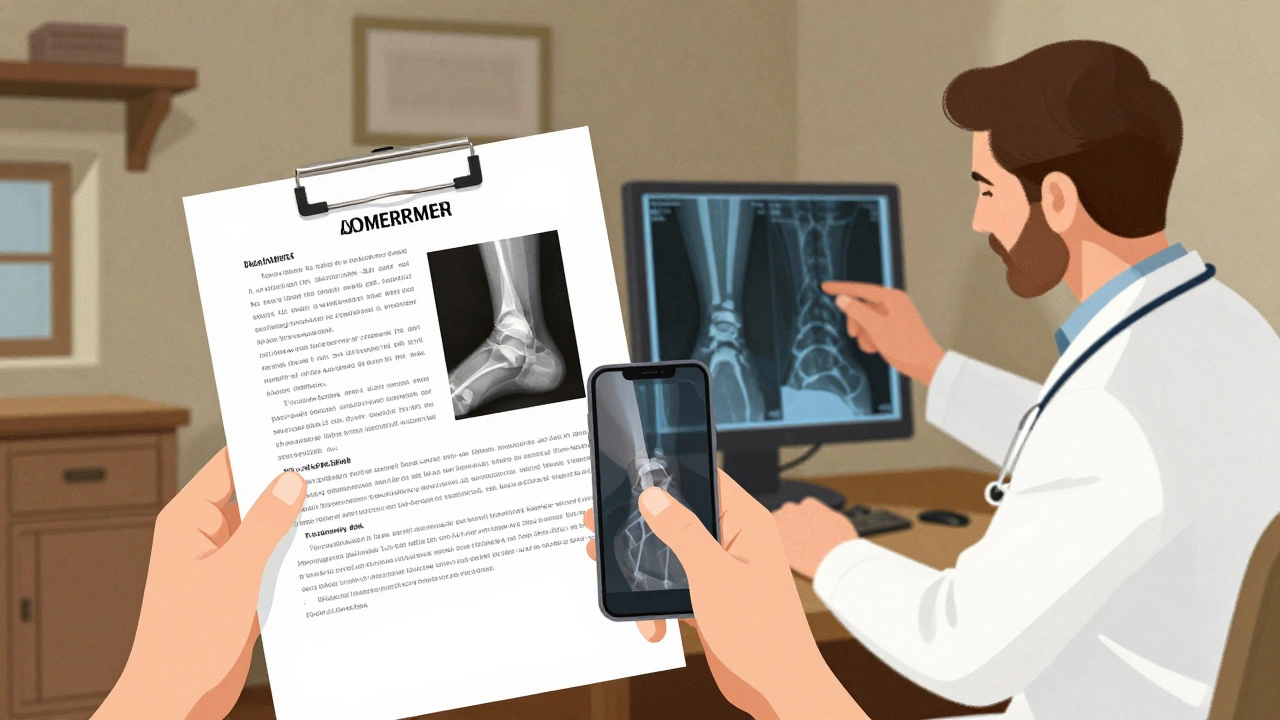 A tourist showing a photo of an injury to a doctor using a translation app in a quiet clinic.