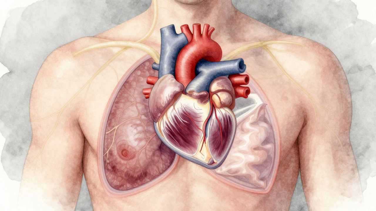 Artistic chest illustration showing split sternum and heart, breasts lifted aside, nerves outlined.