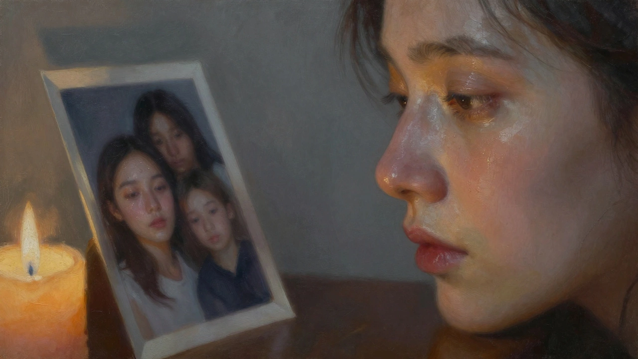 Close-up of a person's face with unfocused eyes, gazing at a photo, soft candlelight, faint sweat on forehead.