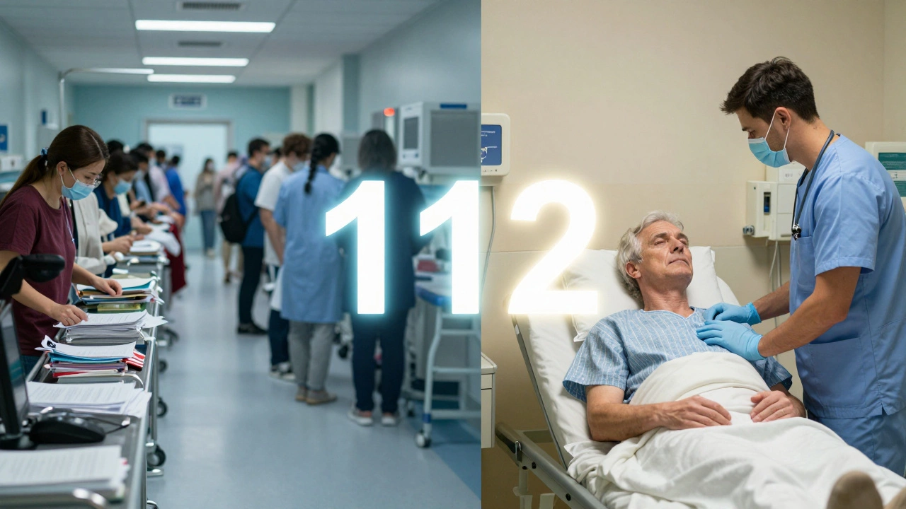 Contrast between chaotic U.S. healthcare and calm European emergency care, centered on the 112 emergency number.