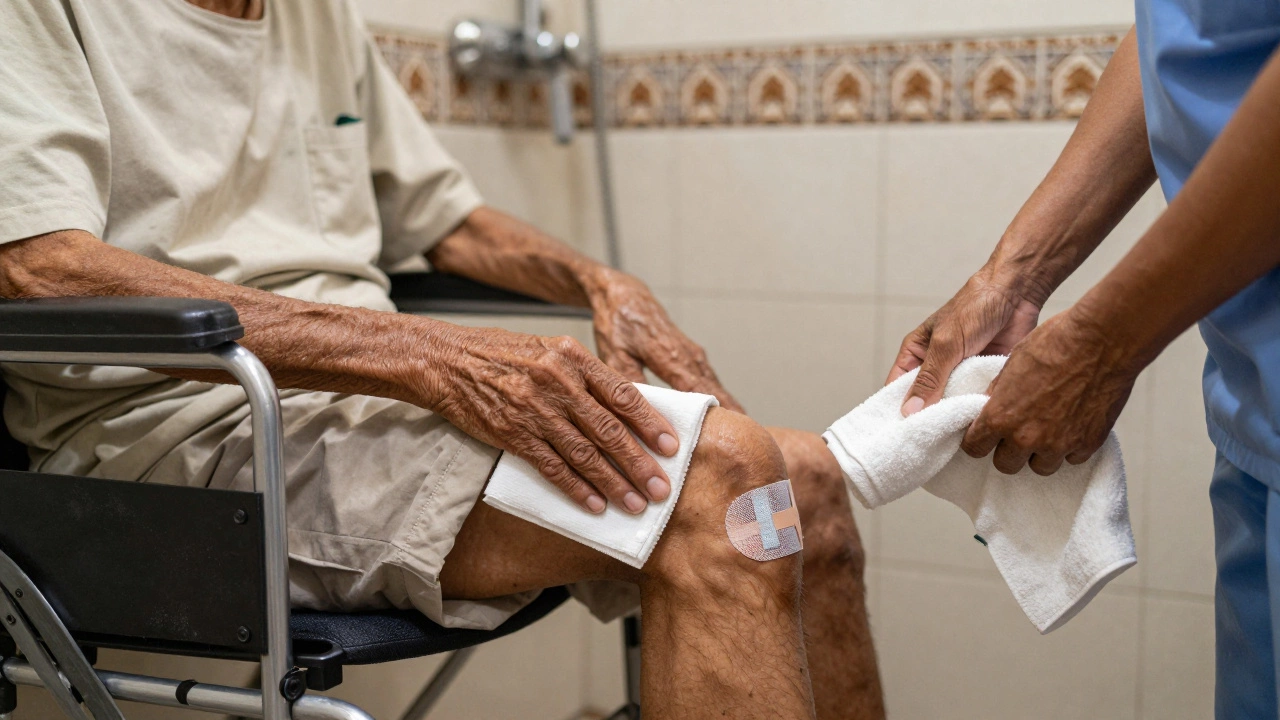 Elderly person cleaning leg with washcloth during sponge bath after knee replacement