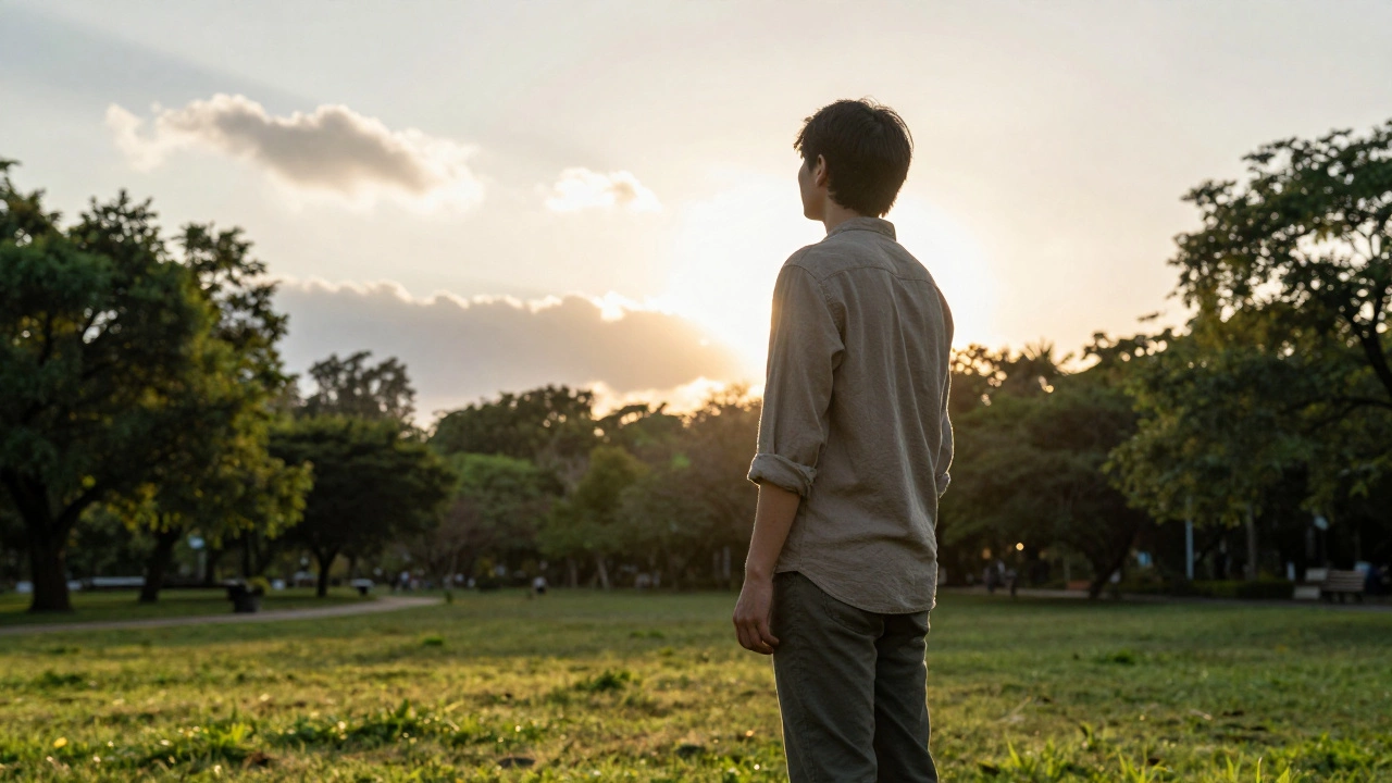 Patient standing outdoors smiling in golden sunlight.