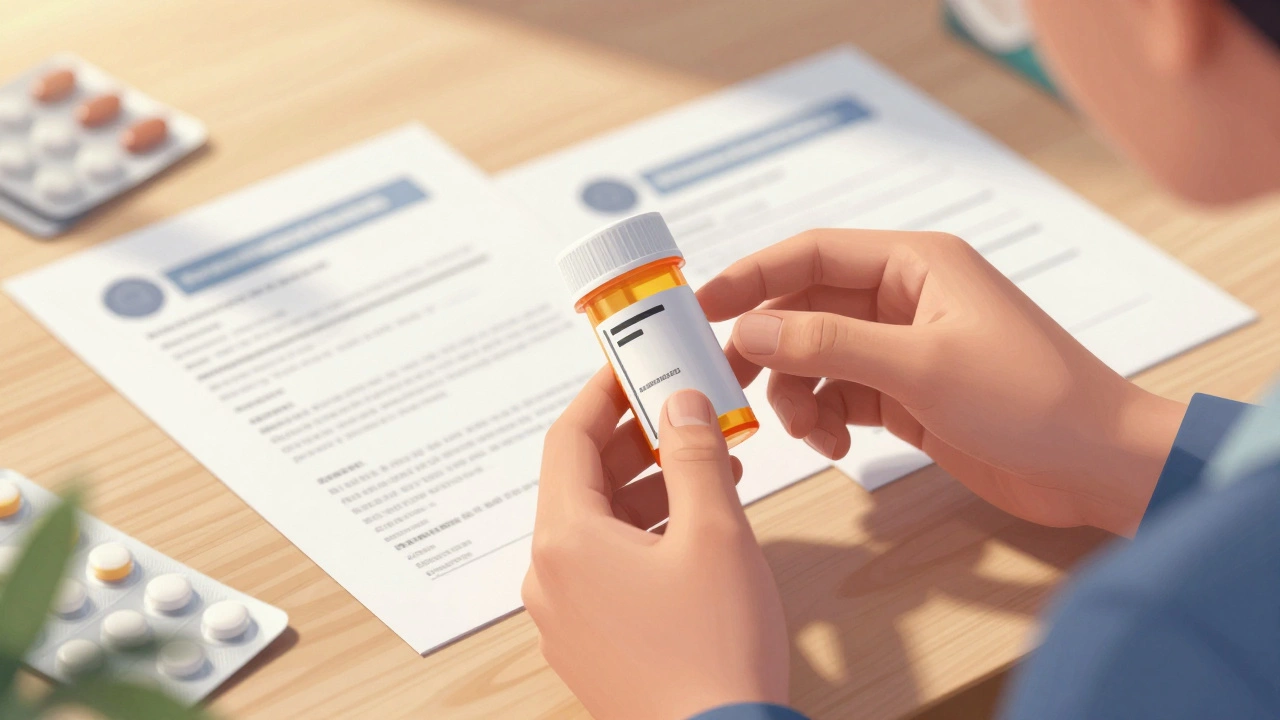 Person examines prescription bottle and documents on table with warm lighting