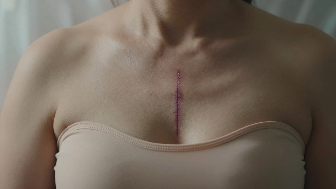 Post-surgery chest with clean sternum scar and supportive bra, soft lighting, healing focus.