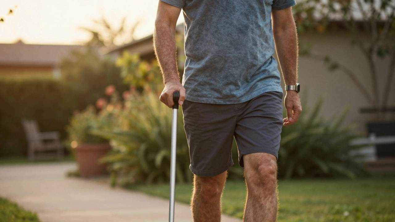 Recovering patient walking with cane in garden.