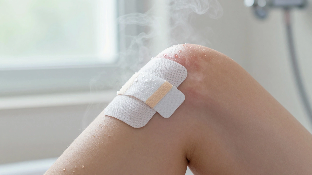 Water beading on waterproof surgical dressing over a knee incision in a steamy bathroom