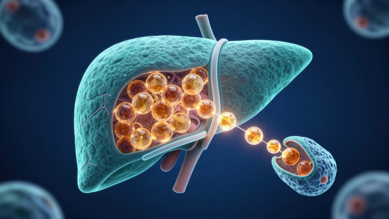 3D medical illustration of the liver regulating glucose and improving insulin sensitivity