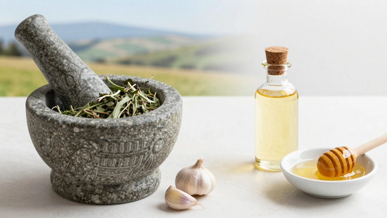 A conceptual image blending ancient stone mortar with modern essential oils and honey.