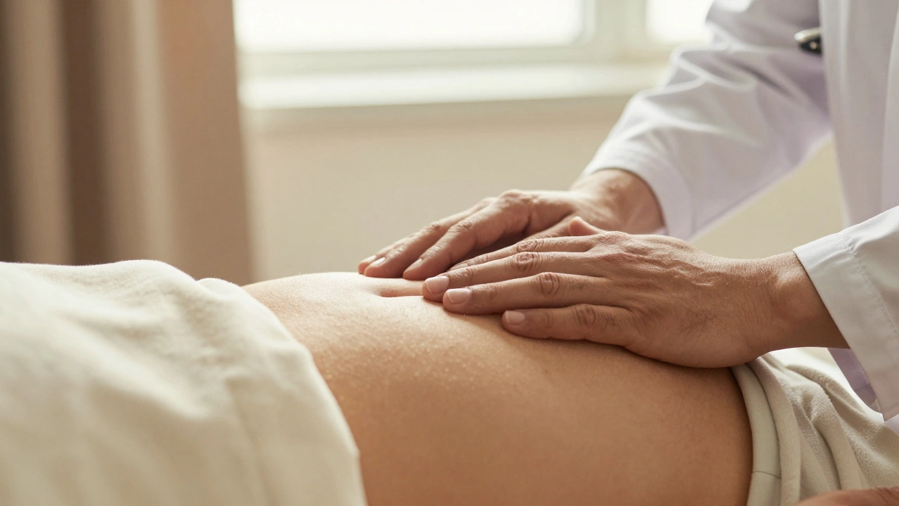 A doctor's hand resting gently on a patient's abdomen during an embryo transfer.