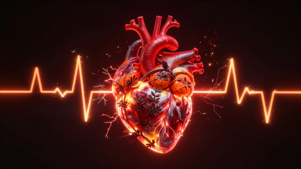 A glowing red heart entangled in orange botanical vines with electric sparks.