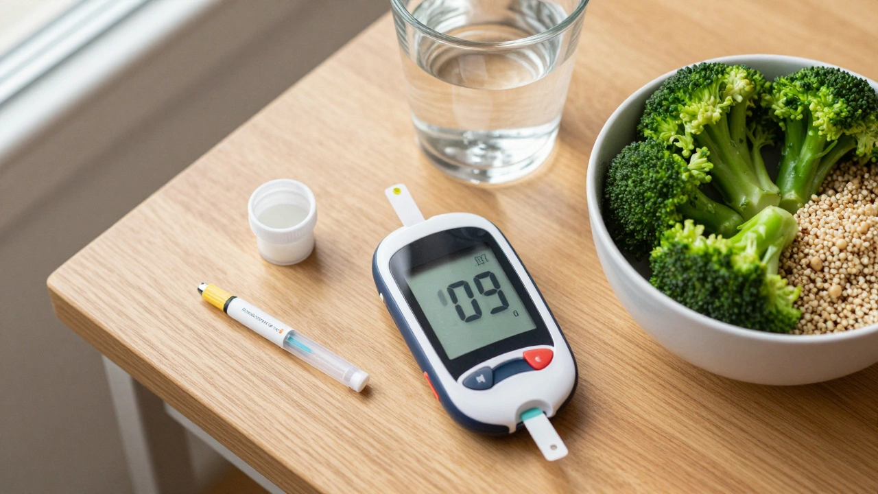 A glucometer, a glass of water, and a bowl of healthy fiber-rich food on a wooden table.