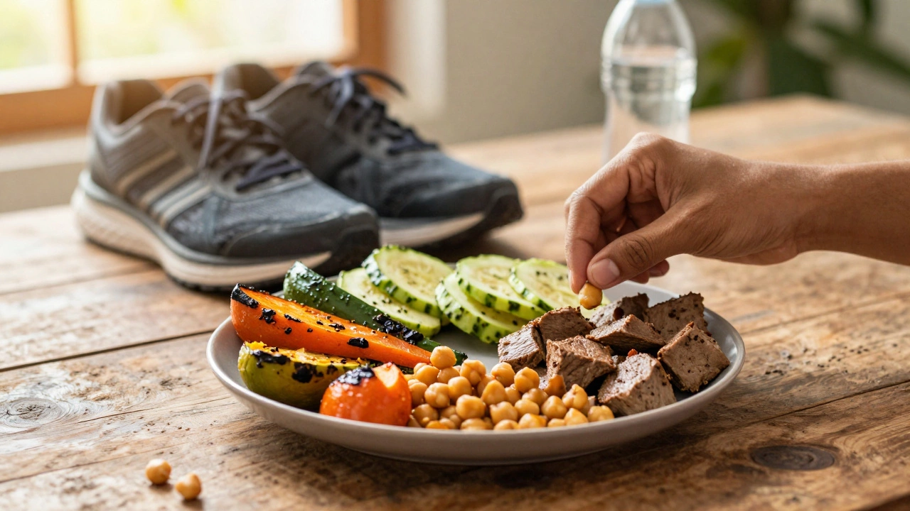 A healthy meal with vegetables and proteins next to exercise gear in a sunlit room