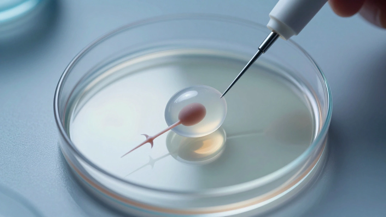 A macro view of a single sperm being injected into an egg during an ICSI procedure in a lab.