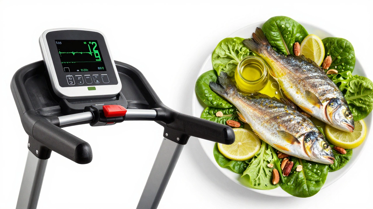 A split view of cardiac exercise equipment and a heart-healthy Mediterranean diet
