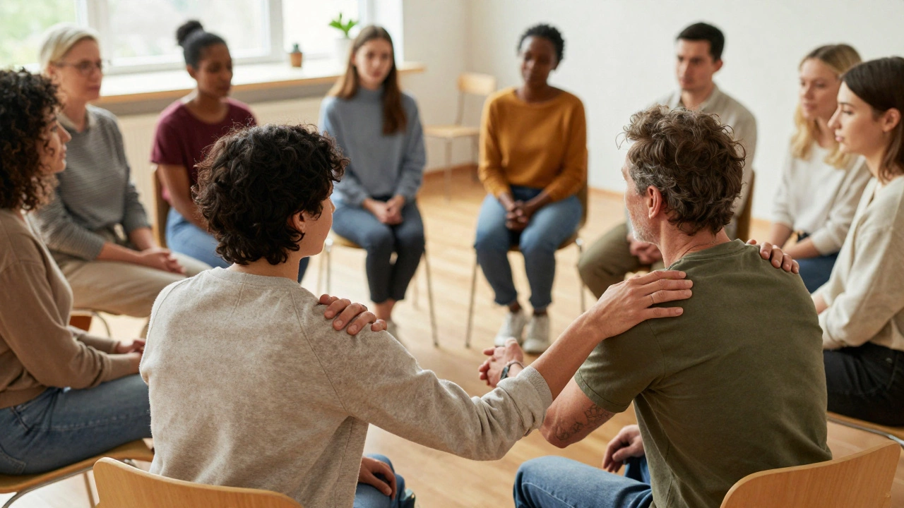 A supportive group of people in a community center offering emotional encouragement
