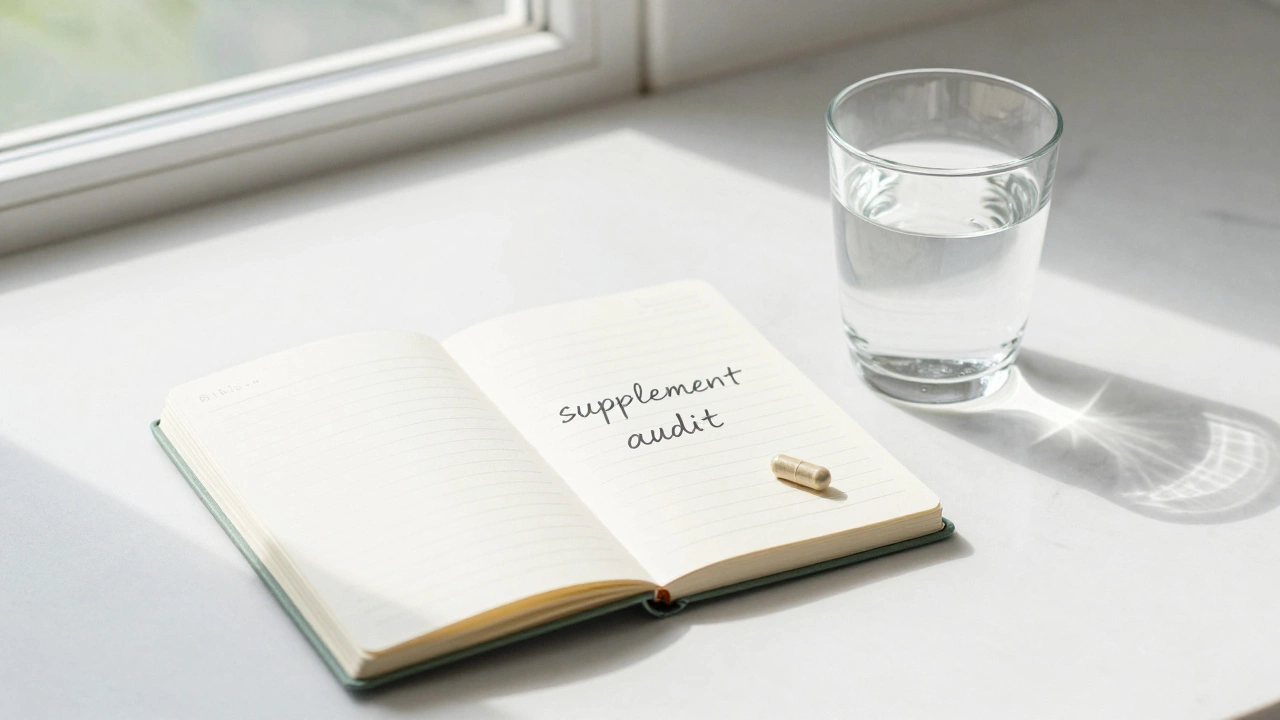 A wellness journal and a single herbal capsule on a white marble surface in soft light.