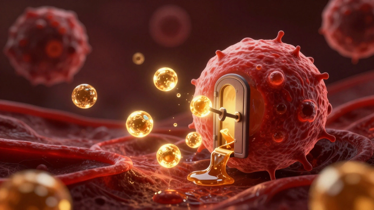 Conceptual art of glucose molecules unable to enter a cell due to a missing insulin key.