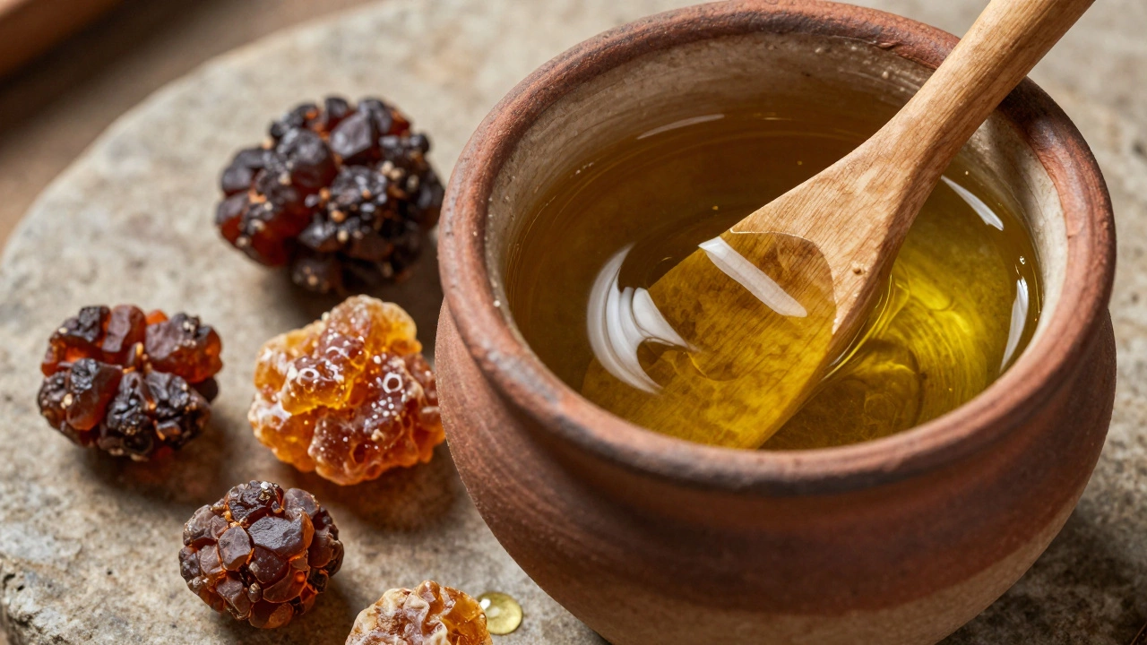 Frankincense and myrrh resins next to a clay jar of golden olive oil on a stone surface.
