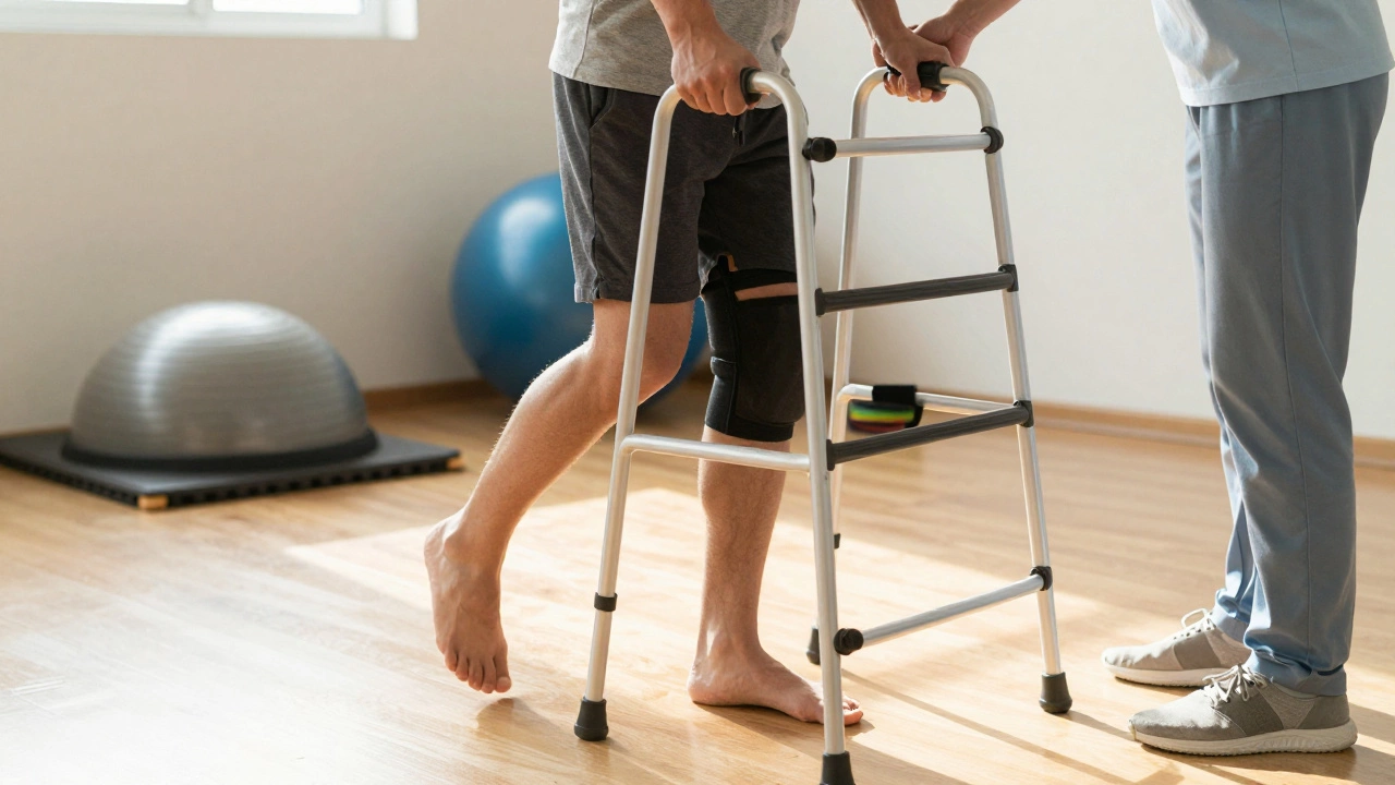Patient practicing walking with a cane during physical therapy