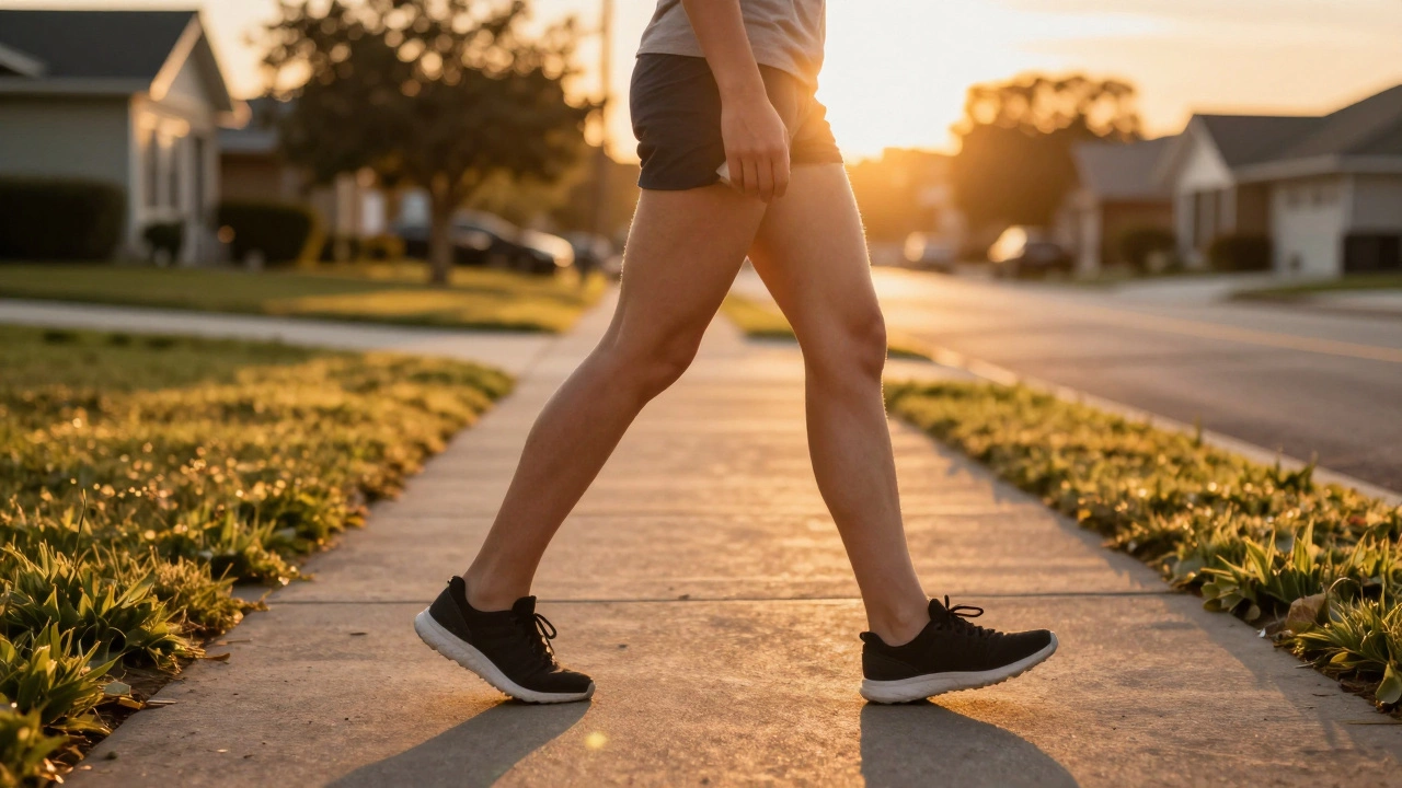 Person walking with a natural, confident stride on a sidewalk