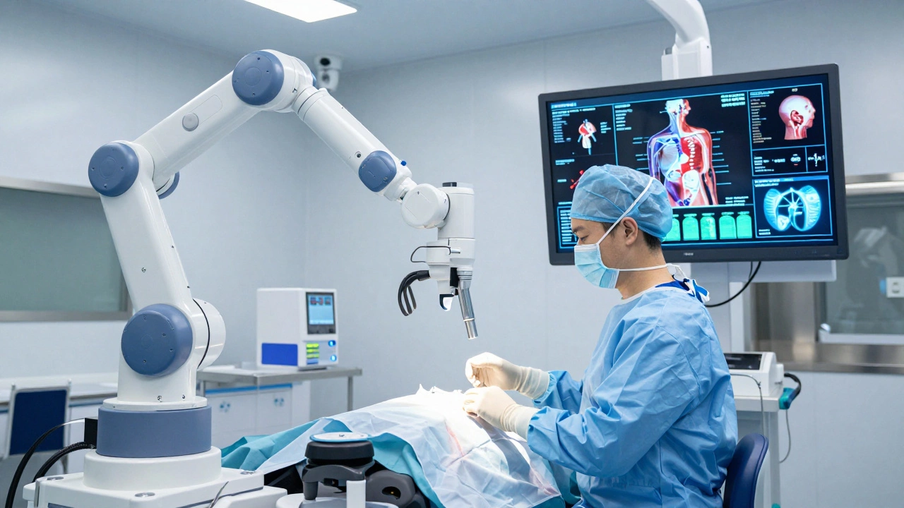 Advanced robotic surgery and AI diagnostics in a lab.