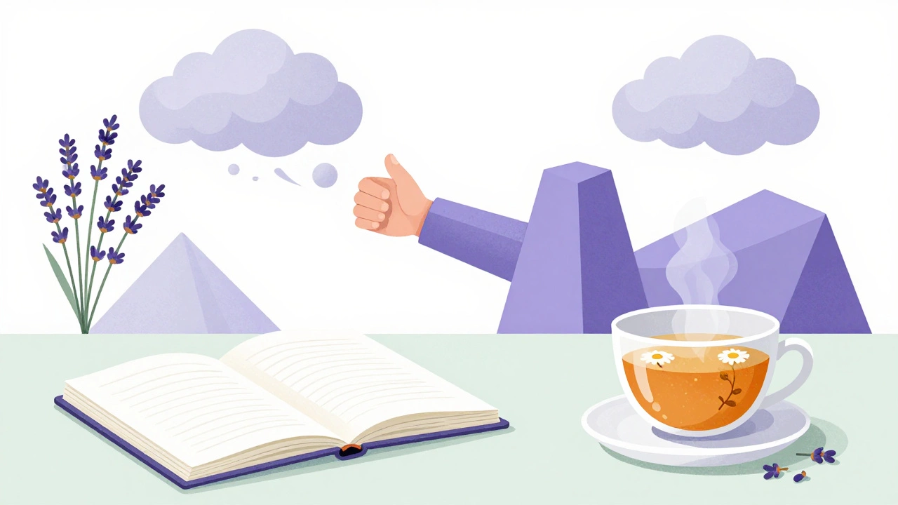 Calm workspace with chamomile tea and lavender for stress relief
