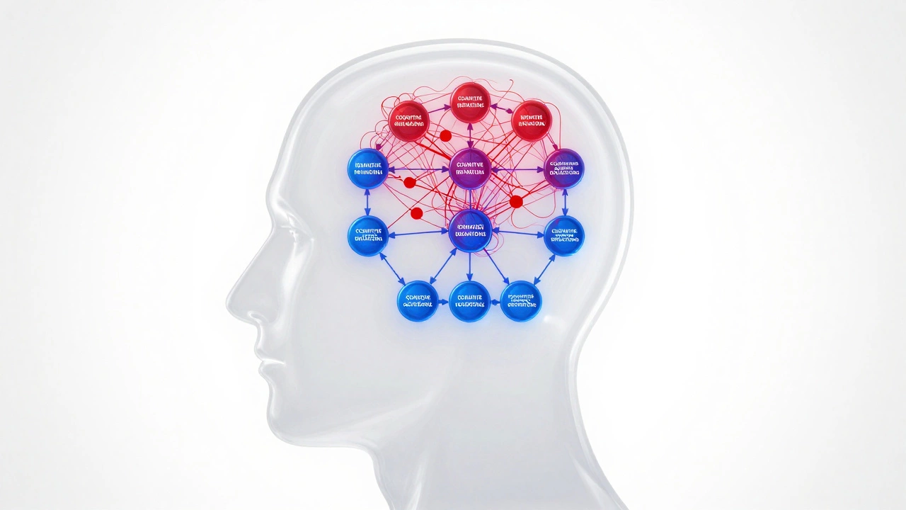 Conceptual graphic of CBT showing thought restructuring in a mind map