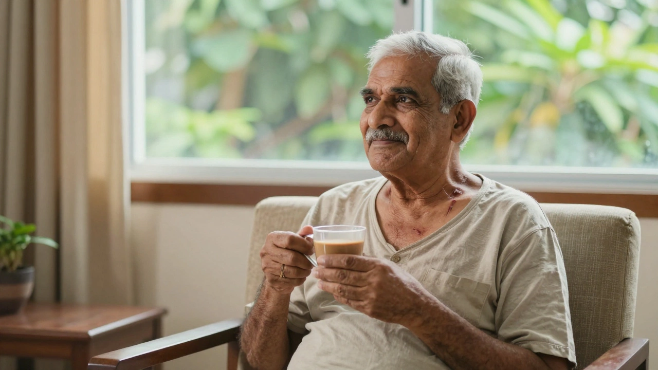 Elderly man recovering at home with a healed chest scar, looking peaceful.