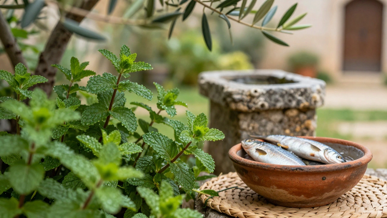 Fresh mint growing in an ancient Mediterranean garden near fish