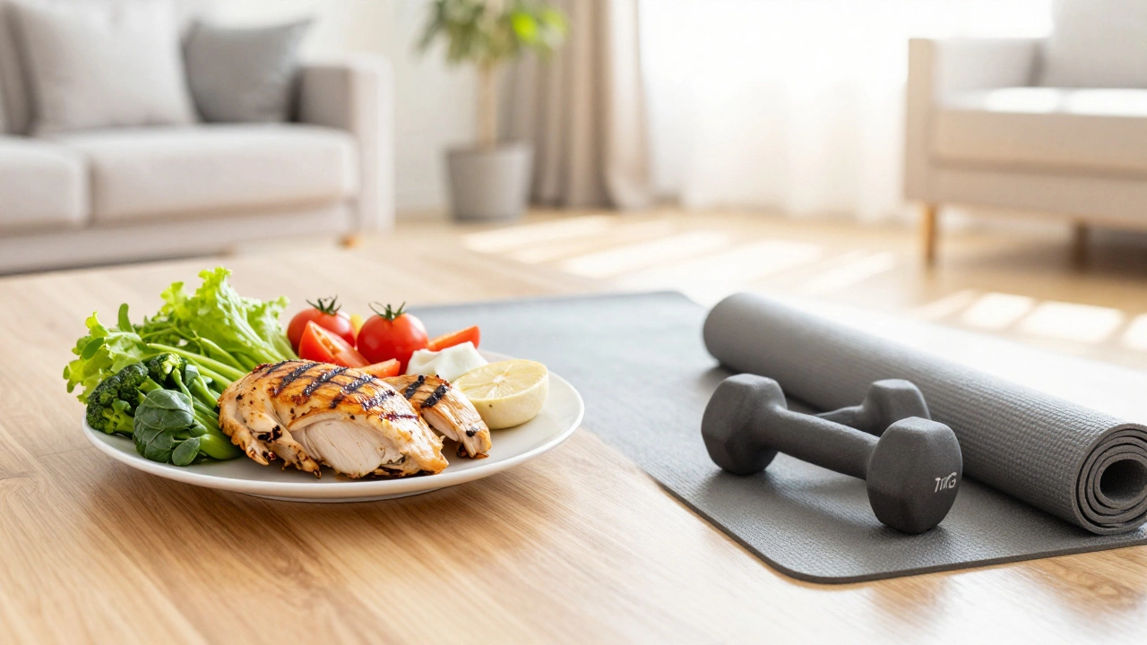 Healthy lifestyle scene featuring fresh food and exercise equipment in natural light.