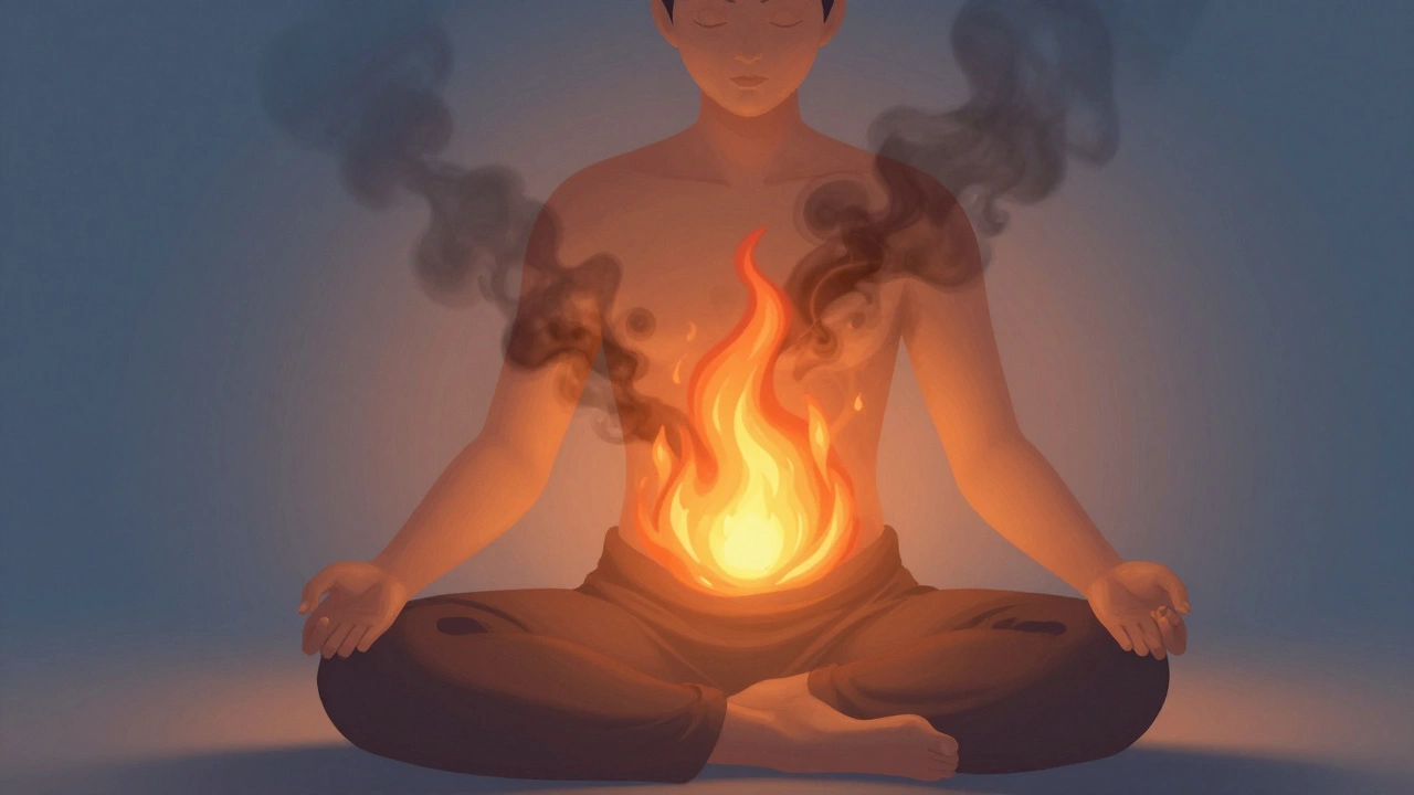 Illustration of digestive fire burning toxins around a meditating person's belly