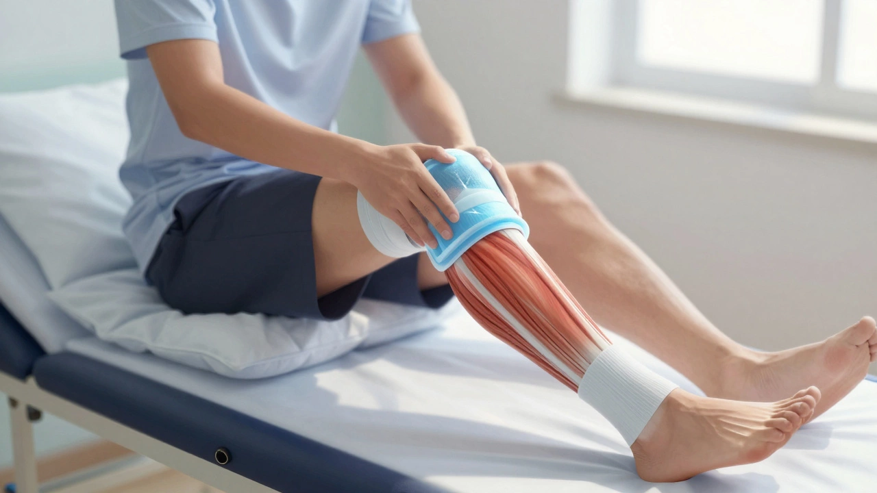 Patient elevating leg with ice pack for post-surgery pain relief.