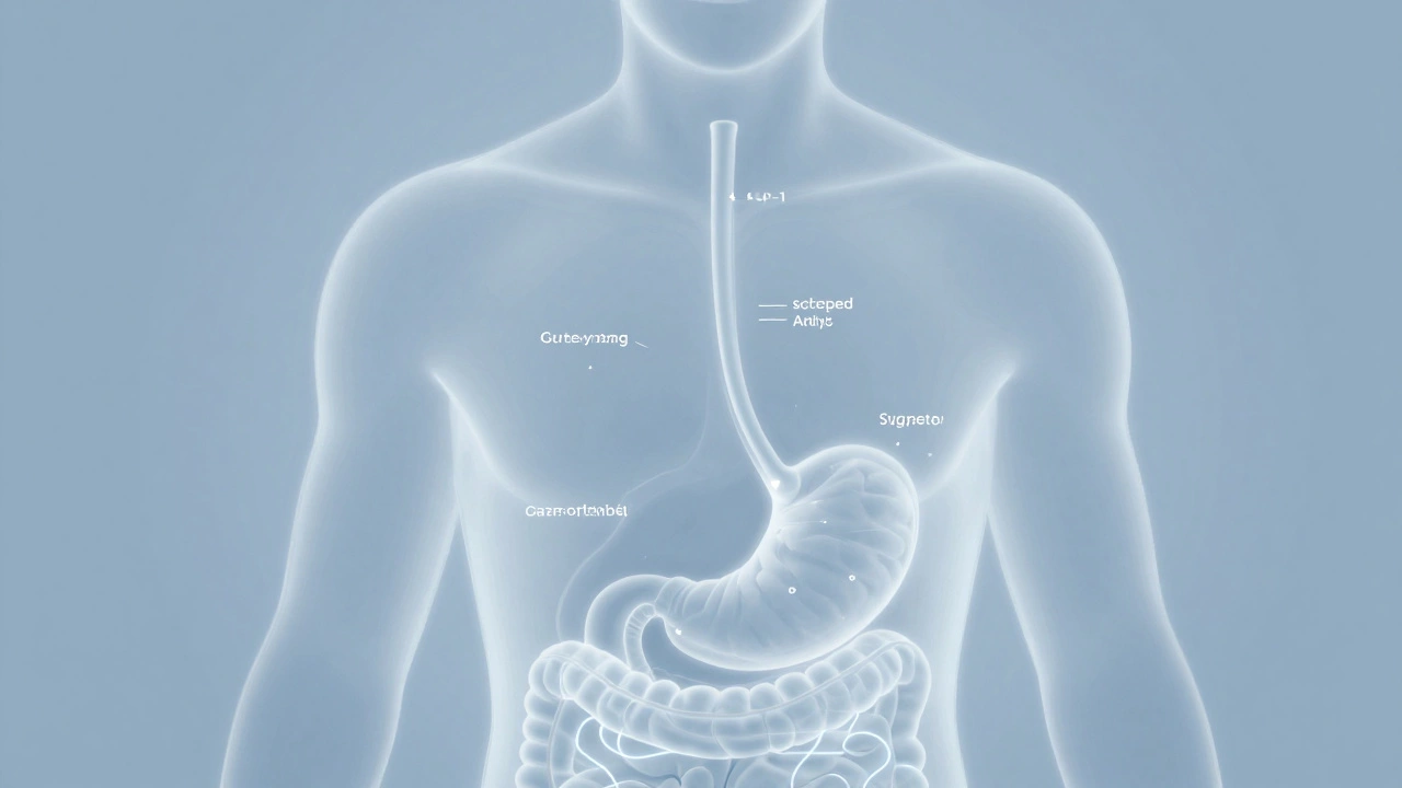Stylized medical illustration of gut-brain connection and satiety hormone signals.