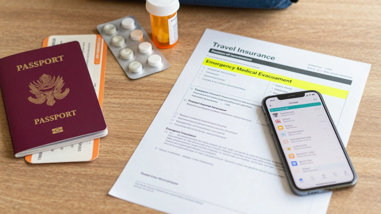 Travel desk with passport, meds, and travel insurance documents