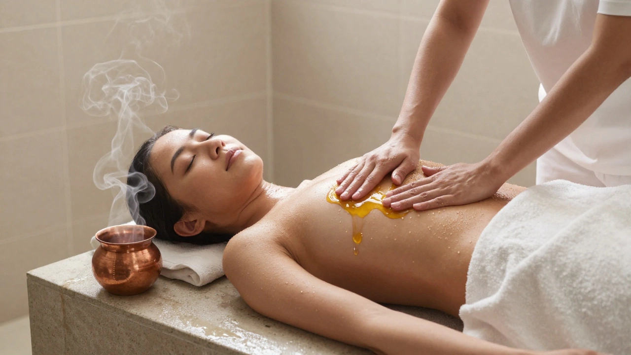 Woman performing warm oil self-massage on her abdomen in a relaxing bathroom