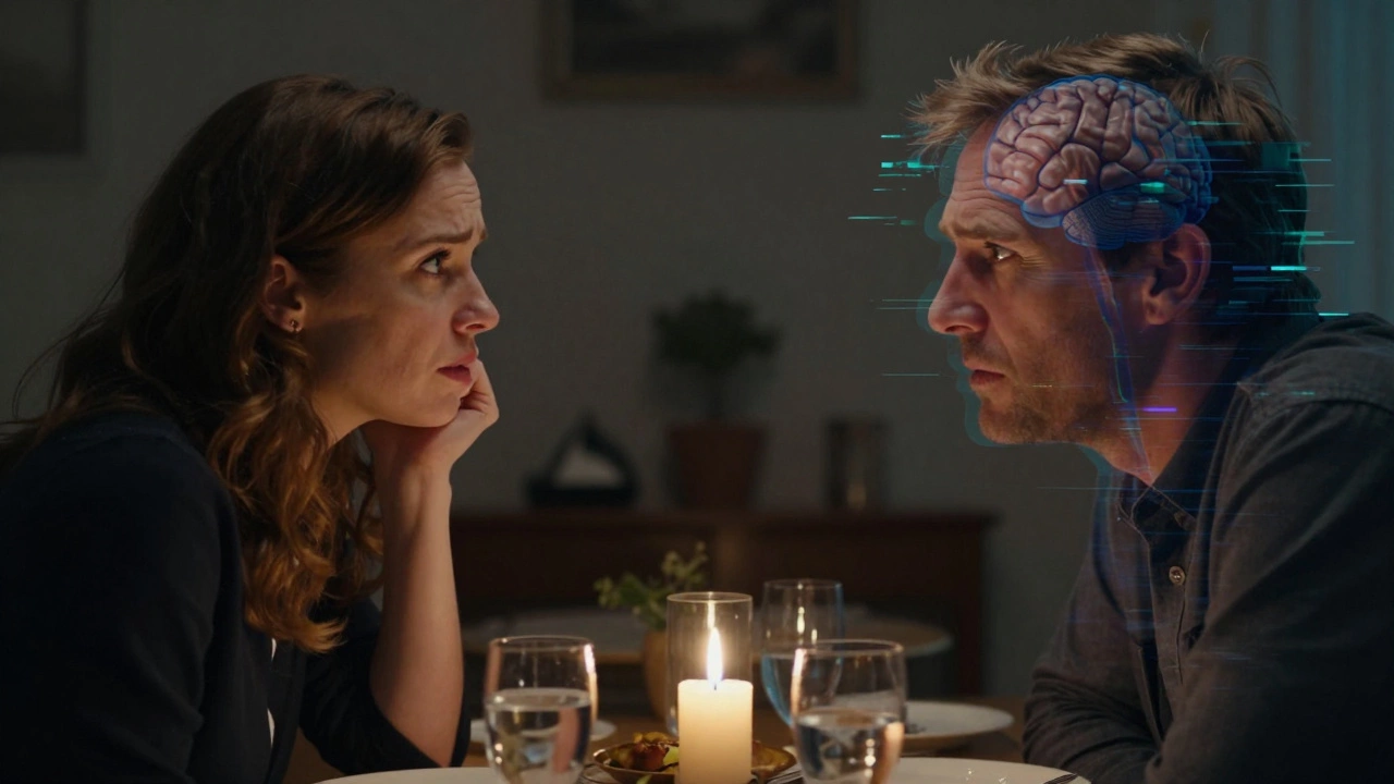 Woman viewing her husband with emotional detachment, illustrating Capgras syndrome.