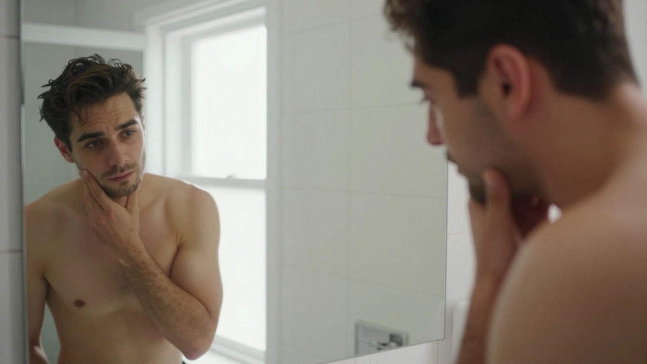 Young man performing self-exam in bathroom mirror for awareness
