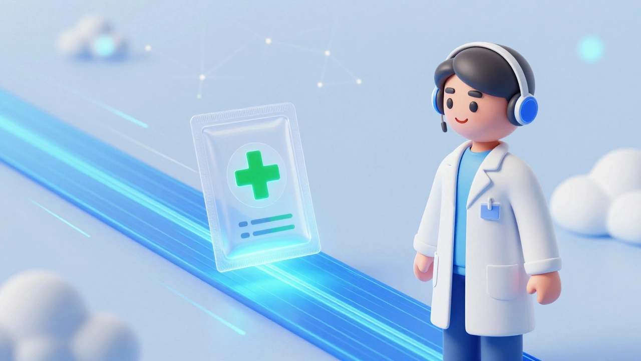 Digital illustration of secure e-prescription data transfer to pharmacist