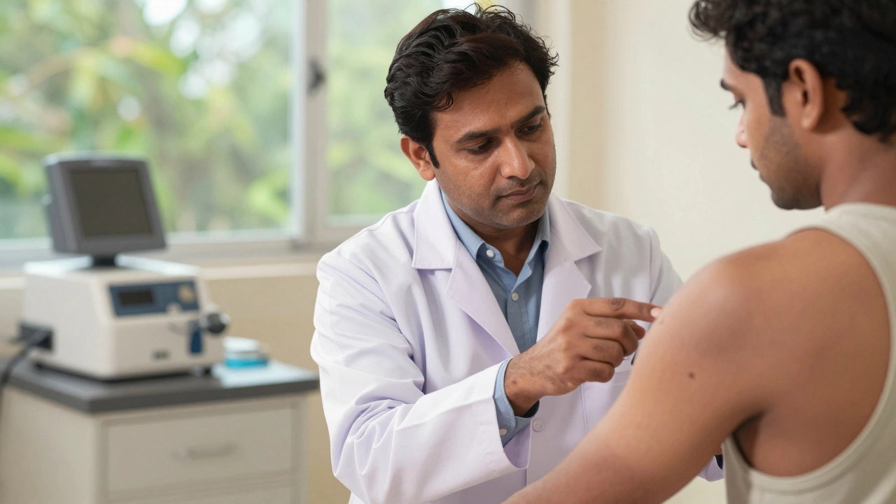 Doctor examining a mole on a patient's arm for early melanoma detection