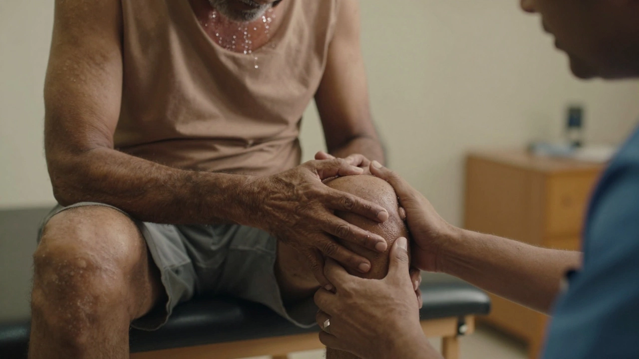 Elderly patient struggling through painful knee bending exercise