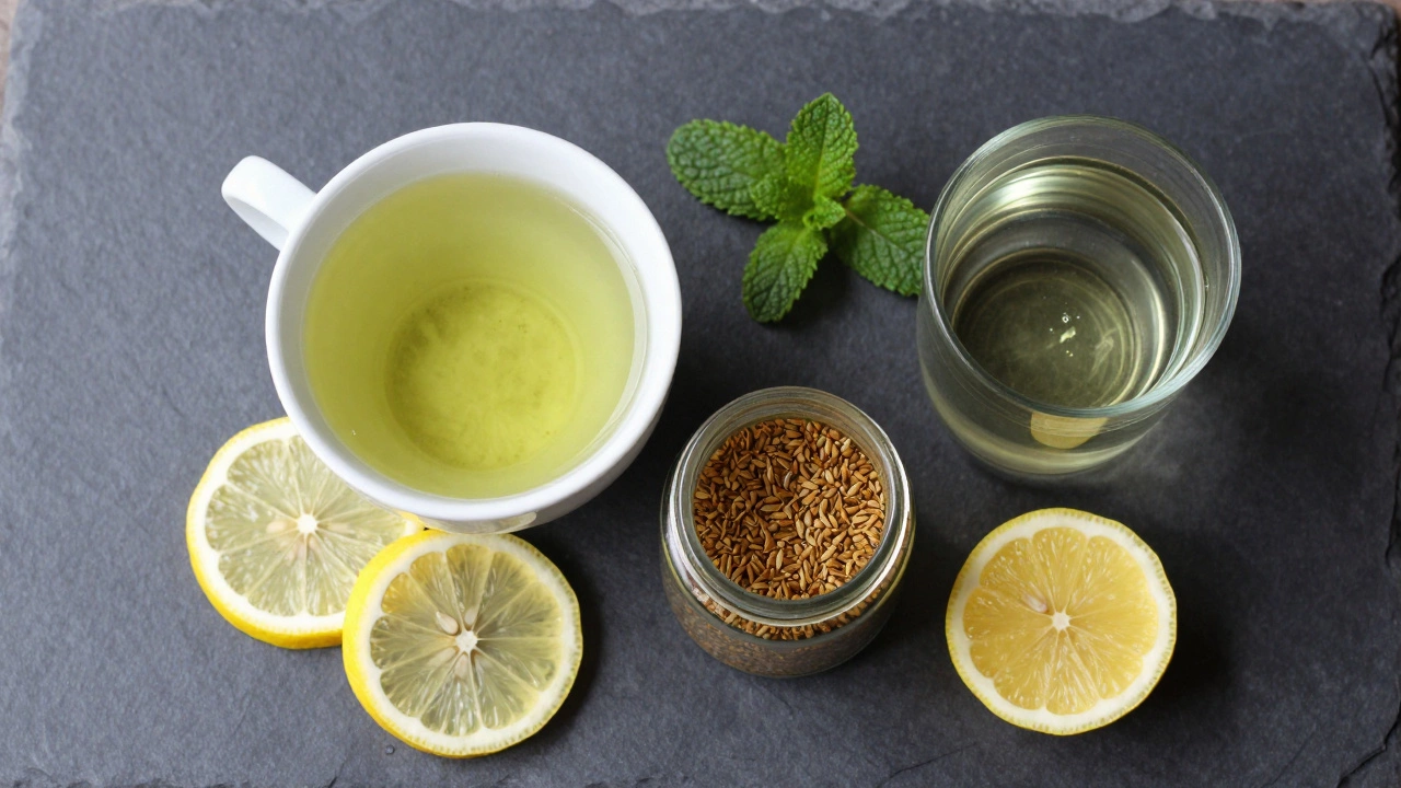 Green tea, soaked fenugreek seeds, and ACV on a dark slate surface