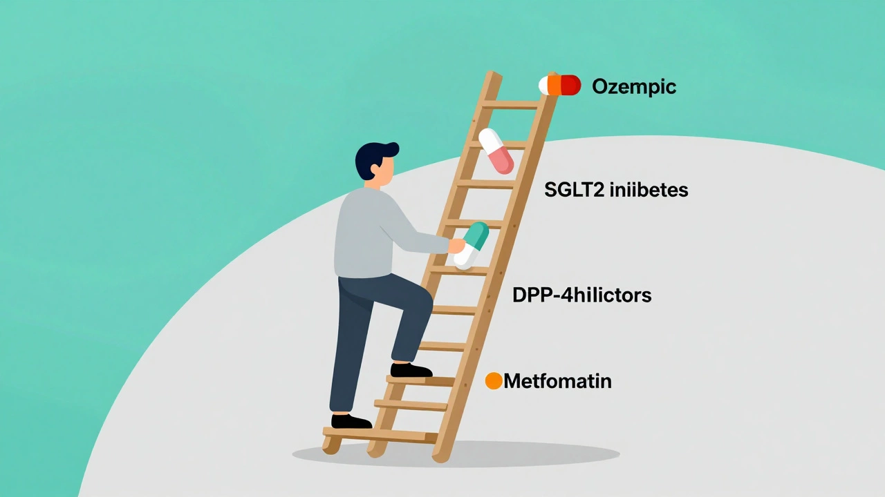 Illustration of step therapy ladder for diabetes meds