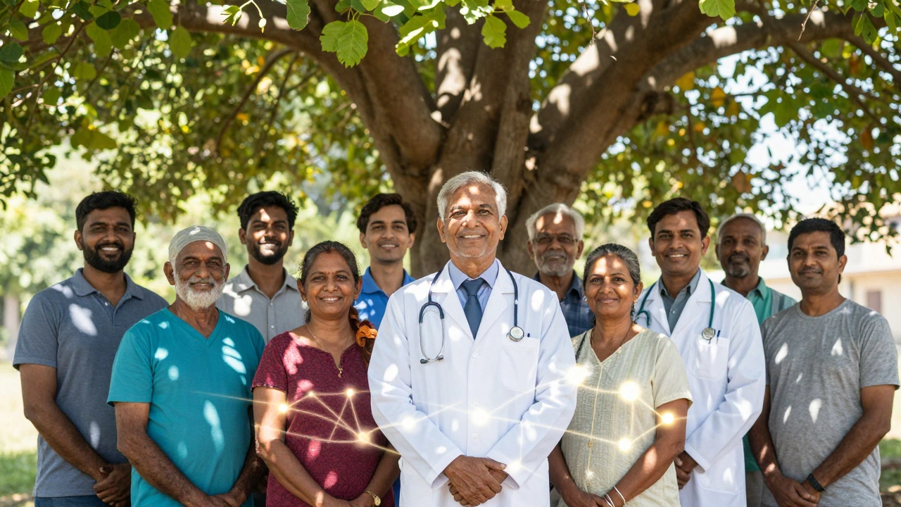 Indian patients and doctors celebrating hope under a banyan tree