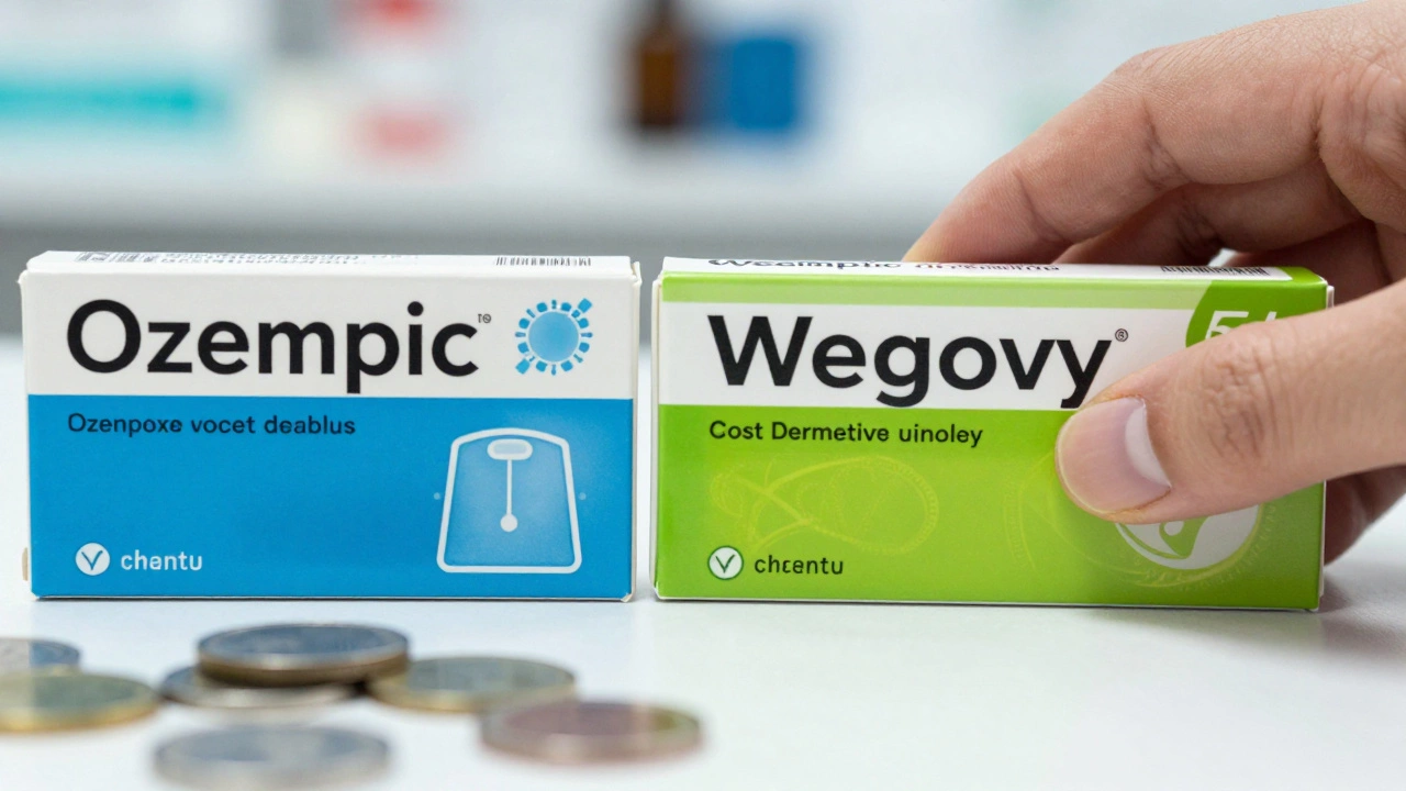 Ozempic and Wegovy boxes on pharmacy counter