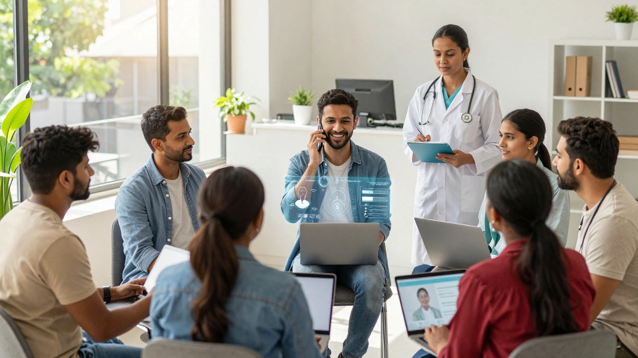 People accessing therapy via apps and community workers in a bright, hopeful scene.
