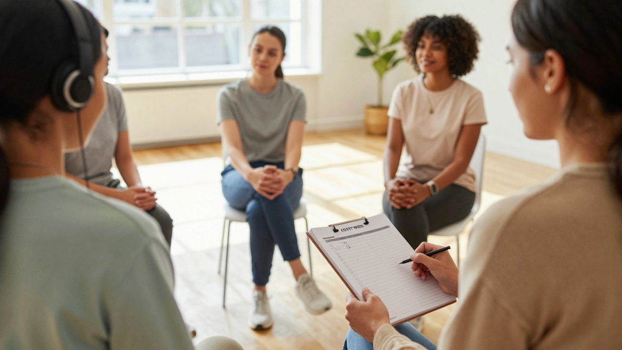 People using coping strategies like lists and headphones in a calm therapy setting