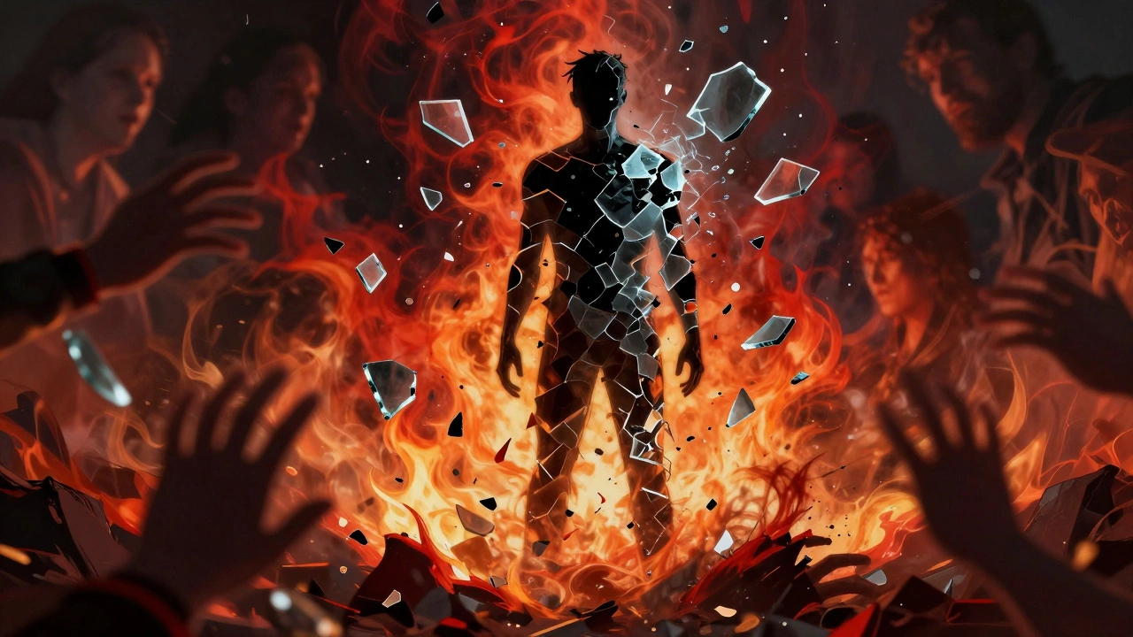 Shattered glass figure amidst chaotic colors, symbolizing BPD instability