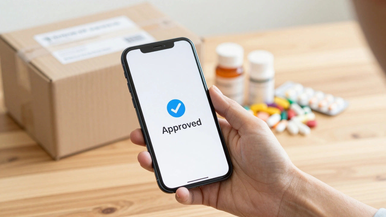 Smartphone notification showing approved prescription near delivery box