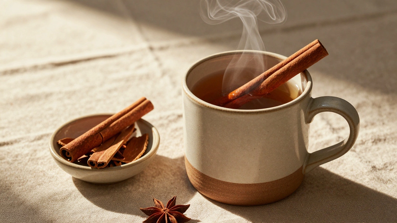 Steaming mug of cinnamon water with a cinnamon stick on the rim